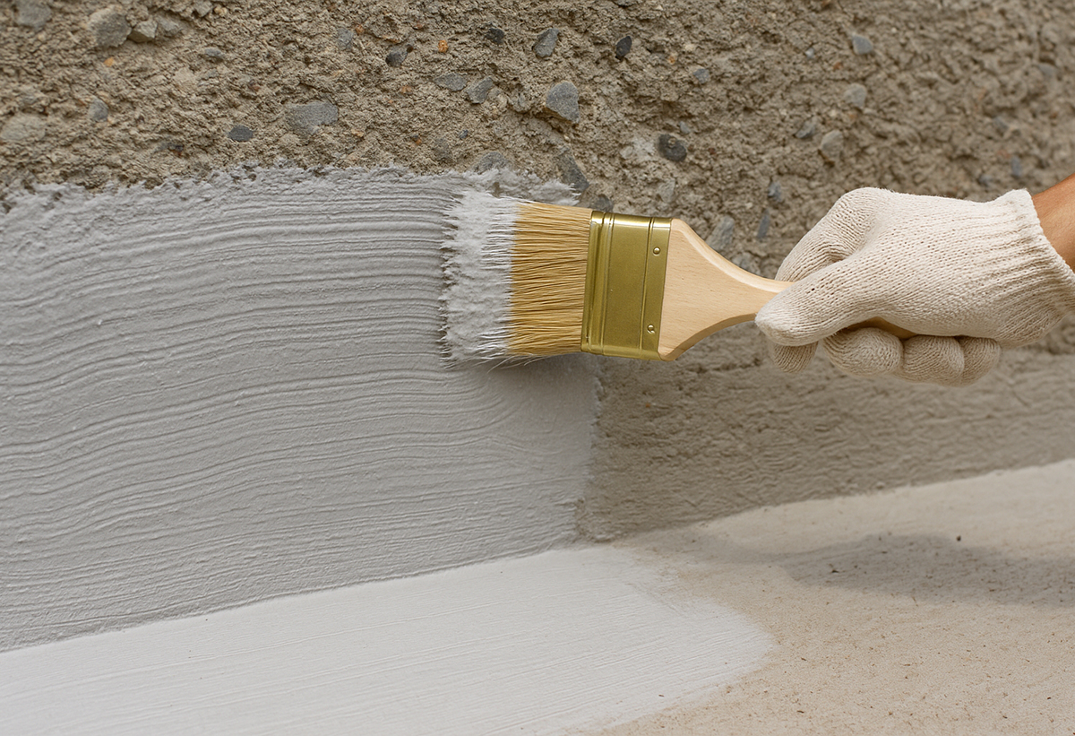 Απεικονίζεται τοποθέτηση του βελτιωτικού κονιαμάτων σε τοίχο με τη χρήση πινέλου.